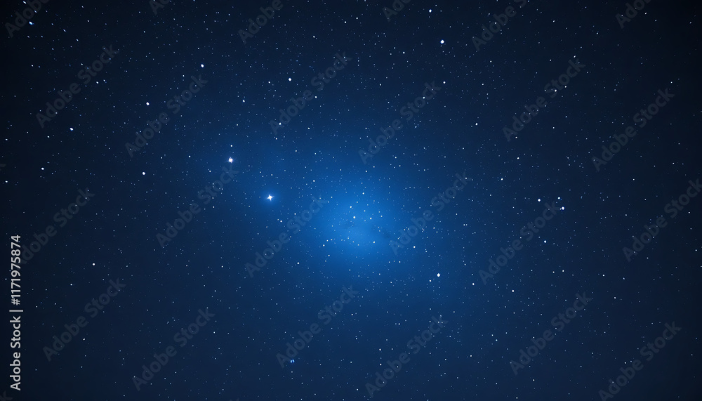 Naklejka premium Starry sky background, blue night sky full of stars, glowing stars in the dark space, starry background, dark night, stars in the distance, starlight, dark background with a blue glow, night sky. 