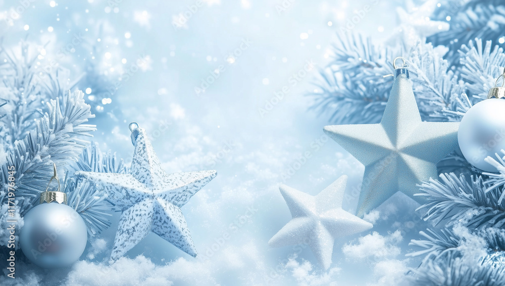 Frosty white Christmas background with stars and decorations, snowflakes, and a light blue color scheme. Frosty white Christmas background with stars and decorations, snowflakes, and a light blue color scheme.