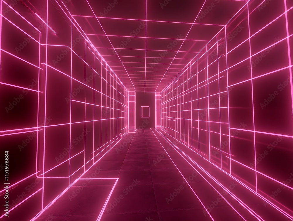 Pink Neon Lines Illuminate a Geometric Corridor Pink Neon Lines Illuminate a Geometric Corridor