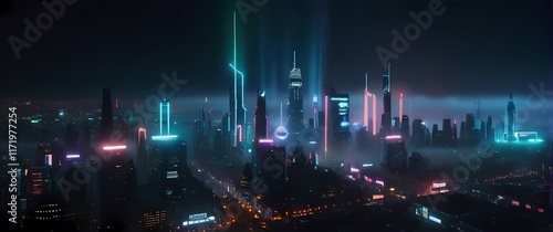 Futuristic city skyline illuminated by neon lights against a dark night sky