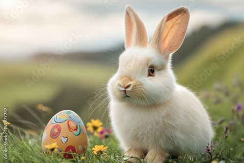 The photo features a fluffy white bunny with long ears and gentle eyes, sitting amongst a field of vibrant green grass and colorful wildflowers photo