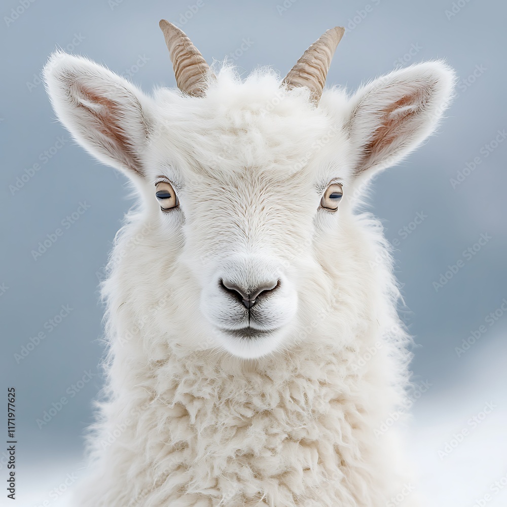 Obraz premium Fluffy white sheep winter portrait, snowy background, farm animal.