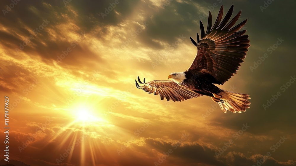 Obraz premium A majestic eagle soars through a vibrant sunset, symbolizing freedom and strength.