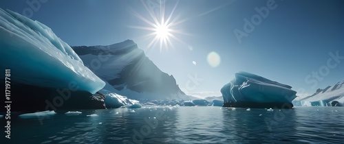 Glacial icebergs floating in pristine waters under bright sunlight photo