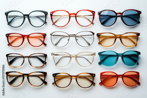 A row of glasses in varying shades lined up neatly on a wooden table. photo