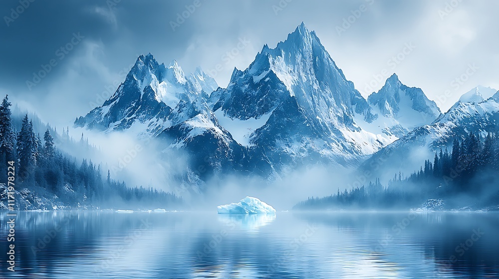 custom made wallpaper toronto digitalMajestic snow-capped mountains reflected in a serene glacial lake, with a single iceberg in the foreground.