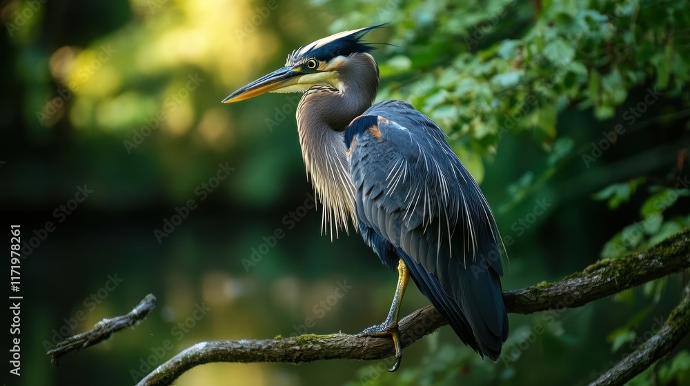 Obraz premium A majestic heron perched on a branch near a tranquil water body, showcasing nature's beauty.
