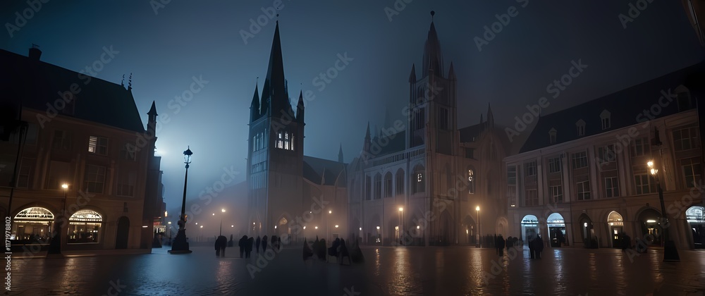 Gothic architecture towering over town squares illuminated at night Gothic architecture towering over town squares illuminated at night