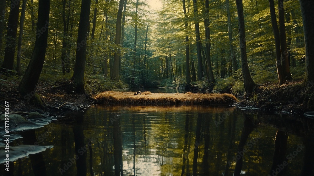 Obraz premium Serene forest stream reflecting sunlight, tranquil nature scene.