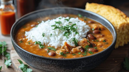 Delicious Southern Red Beans and Rice with Cornbread and Hot Sauce - Ultimate Comfort Food Recipe for a Hearty and Flavorful Meal - Easy Homemade Cajun Dish photo