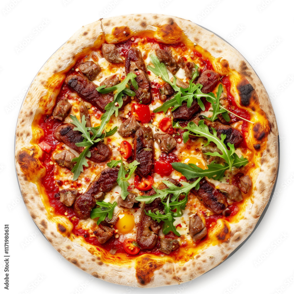 Delicious merguez and ground meat pizza topped with egg on a clean white background Delicious merguez and ground meat pizza topped with egg on a clean white background