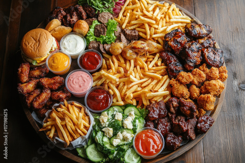 Plate of food with fries, sauces. photo