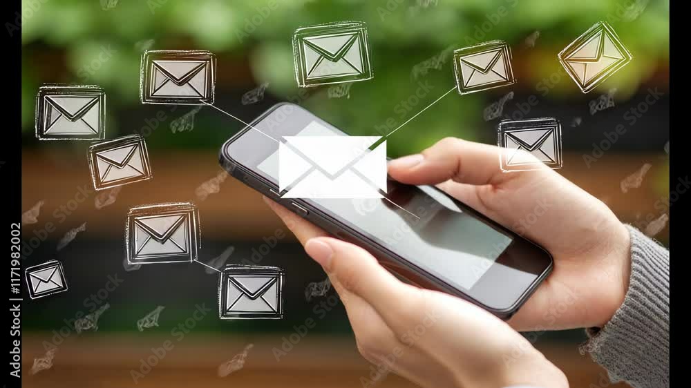 Visualizing Email Newsletter Notifications with Woman Holding Phone and Envelope Icons