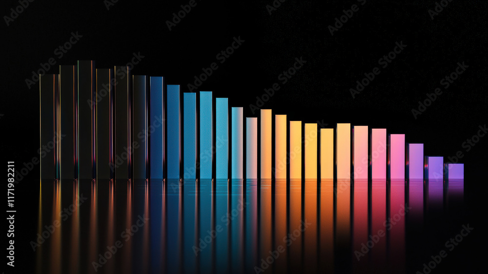 Fototapeta premium A digital stacked bar chart with animated elements, where each segment slowly grows and shrinks, representing fluctuating data over time, set against a sleek black background.