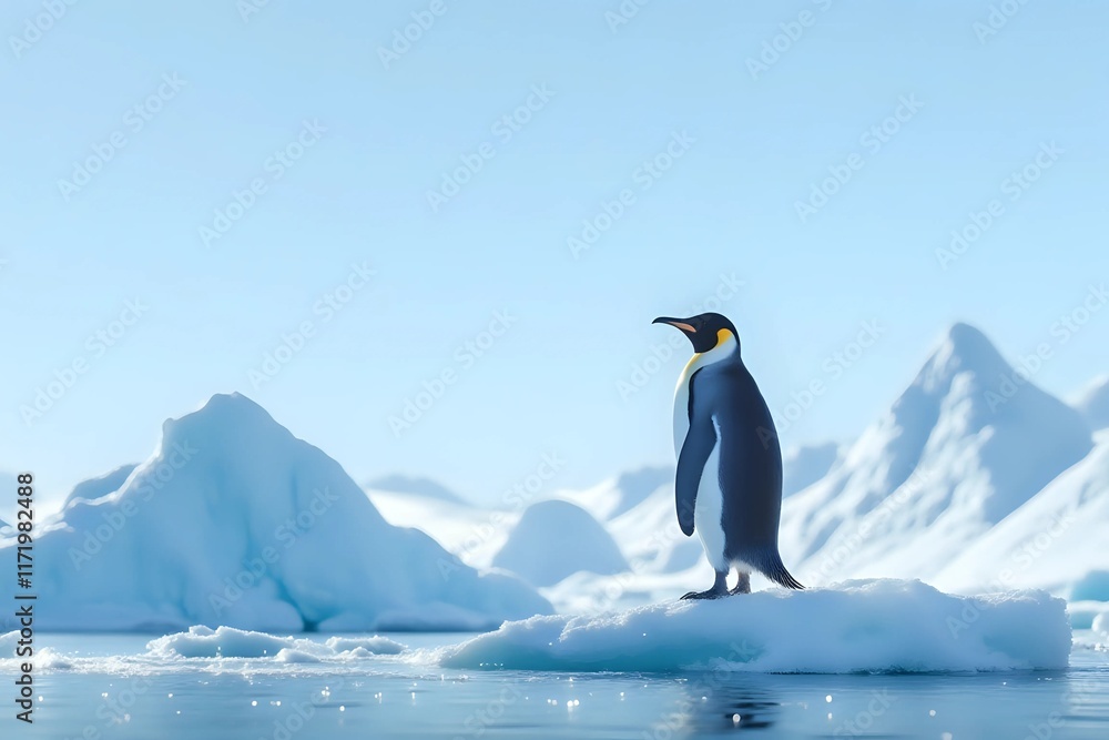 Obraz premium A majestic Emperor penguin stands gracefully on an ice floe in Antarctica, surrounded by stunning icy landscapes with copy space for text