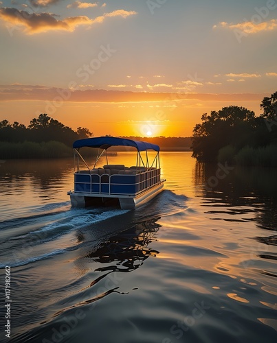 Scenic sunset cruise on a tranquil river with a pontoon boat, serene golden hour reflection on calm water, surrounded by nature’s beauty, creating a peaceful and picturesque moment in the outdoors