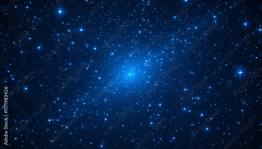 Obraz premium Starry sky background, blue night sky full of stars, glowing stars in the dark space, starry background, dark night, stars in the distance, starlight, dark background with a blue glow, night sky.