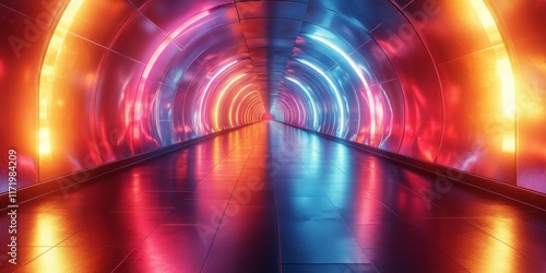 Fototapeta Naklejka Na Ścianę i Meble -  Futuristic Geometric Tunnel Reflective Glass Rainbow Colors Ambient Lighting Depth Perspective Modern Art