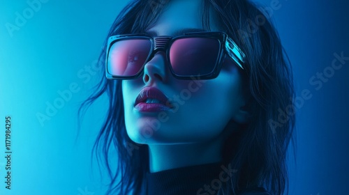 Wallpaper Mural Stylish woman wearing oversized sunglasses in a vibrant blue environment Torontodigital.ca