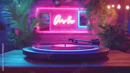 Retro vinyl record player in neon-lit room with tropical plants. photo