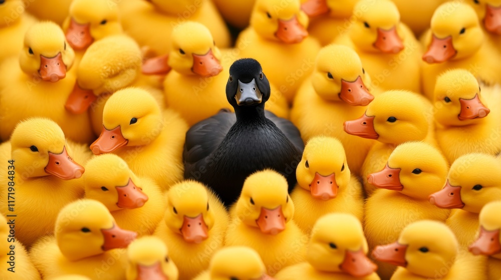 Playful composition of rubber ducks on a bright yellow background Playful composition of rubber ducks on a bright yellow background