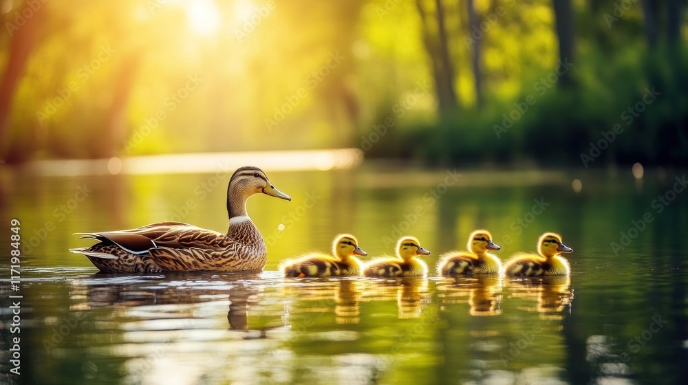 Fototapeta premium A mother duck swims with her ducklings in a serene pond, surrounded by lush greenery.