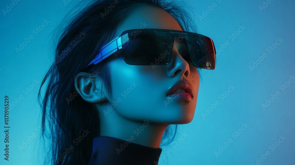 Naklejka premium Close-up of reflective sunglasses under vibrant neon lighting