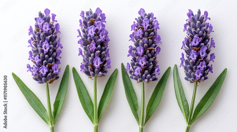 Obraz premium Four lavender flowers arranged with green leaves on a white background.
