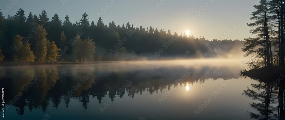 Fototapeta premium Misty morning on a lake reflecting the surrounding trees creating a beautiful scene