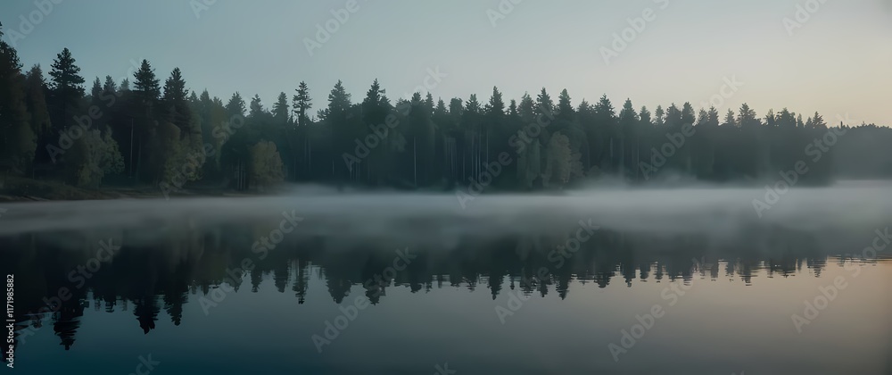 Fototapeta premium Misty morning on a lake reflecting the surrounding trees creating a beautiful scene