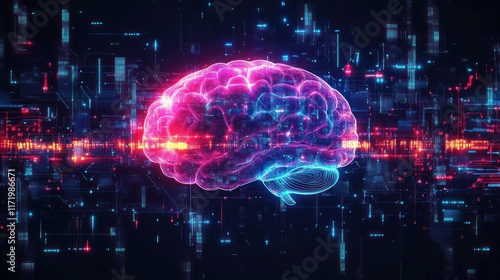 Glowing Human Brain Surrounded by Flowing Data Streams in Vibrant Neon Blue and Purple Abstract Wave Patterns photo