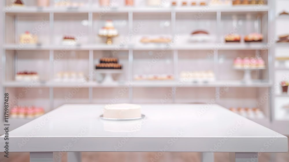 White Table with Cake and Blurred Bakery Display