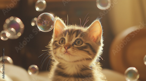 A cute kitten playfully chasing soap bubbles in a cozy living room, bathed in warm, soft light. The bubbles float around, adding a joyful and playful atmosphere to the scene, with the kitten's curiosi photo