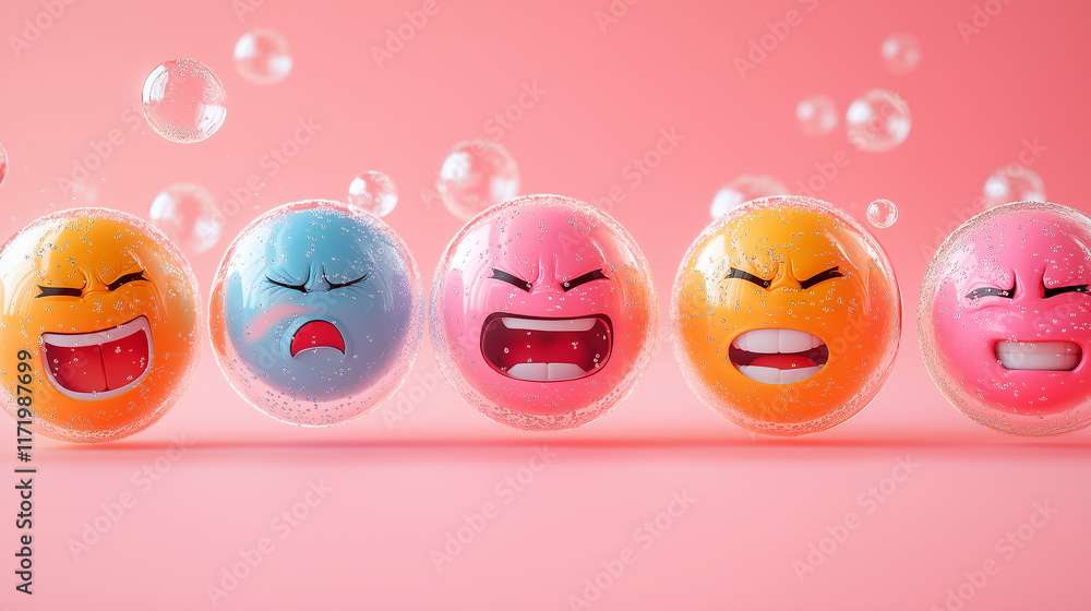 A close-up view of soap bubbles reflecting various faces, each displaying a range of emotions and expressions, captured in the vibrant, curved surfaces of the bubbles A close-up view of soap bubbles reflecting various faces, each displaying a range of emotions and expressions, captured in the vibrant, curved surfaces of the bubbles