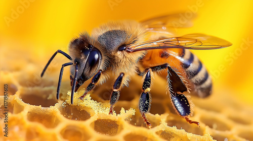 Wallpaper Mural A close-up shot of a honeybee gathering pollen from the center of a sunflower, with a highly detailed and sharp focus on the bee's body and wings, showcasing its intricate features. Torontodigital.ca