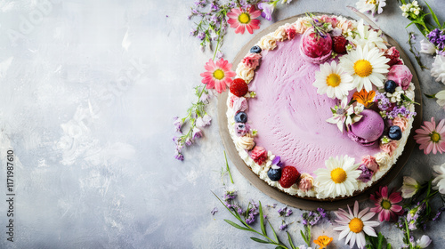 delightful ice cream cake adorned with fresh flowers and berries, perfect for garden party. vibrant colors and floral decorations create joyful atmosphere
