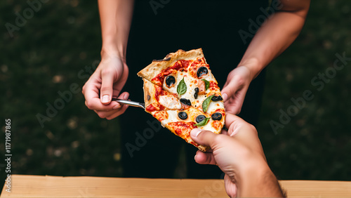 A person grasping a pizza, perfect for food or lifestyle shots photo