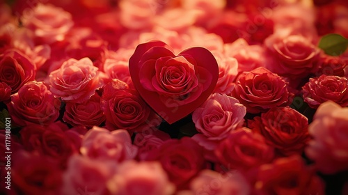 Romantic red and pink roses arranged in a heart shape.