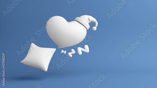 Tableau sur toile White pillow with heart and woolen hat bedroom time snooze dream night morning sleep and drowsiness on blue background