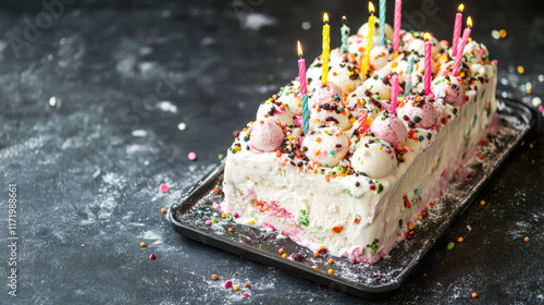 festive ice cream cake adorned with colorful sprinkles and candles, perfect for celebrating special occasions. vibrant colors and joyful decorations create delightful atmosphere
