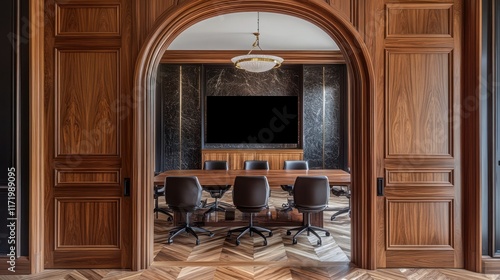 Luxury boardroom, meeting, wood doors, dark marble, herringbone floor, interior design photo