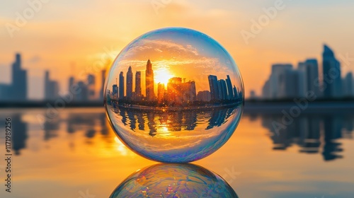 Cityscape Sunrise: A Bubble's Reflection