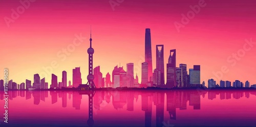 Shanghai Skyline Reflecting in Pink Water at Sunset