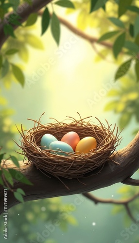 Colorful eggs in a bird's nest resting on a branch surrounded by lush green leaves