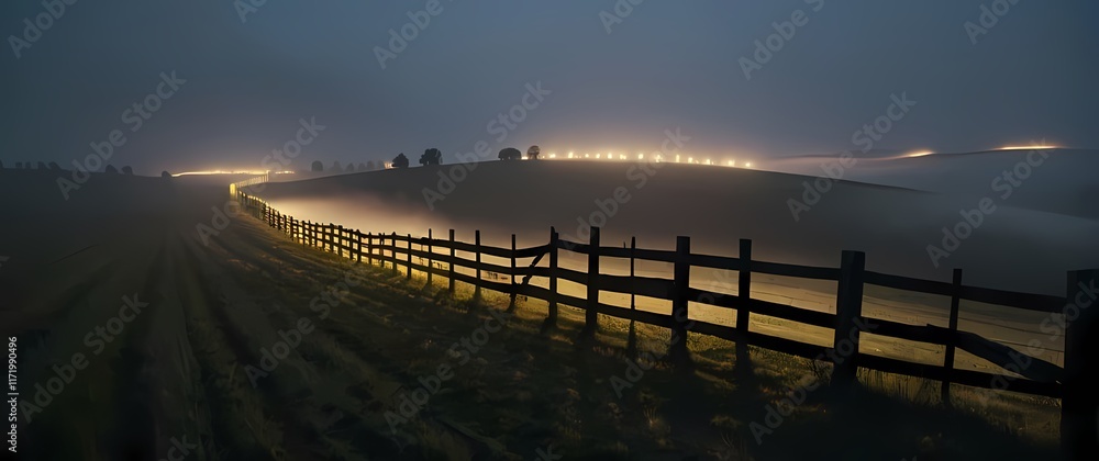 Fototapeta premium Rustic fencing encircling wide open farming landscapes with traditional charm