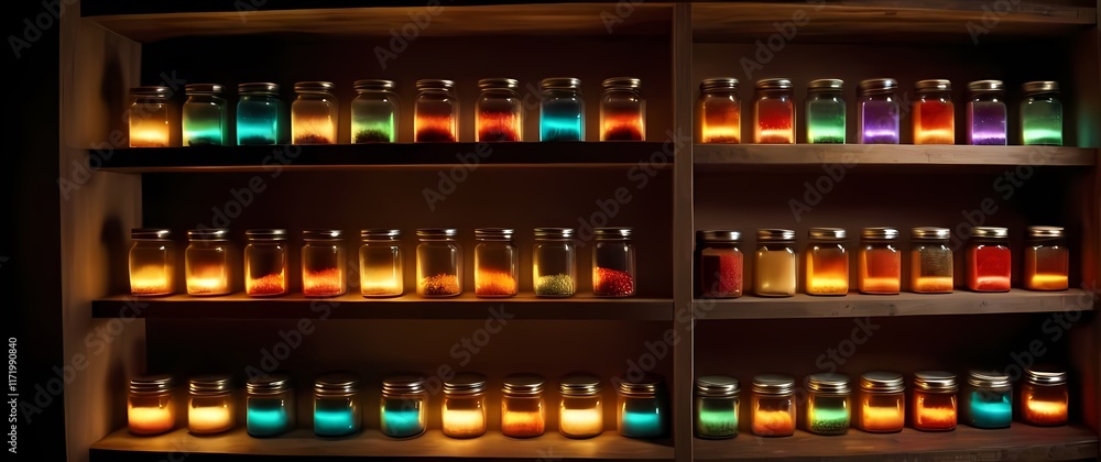 Rustic wooden shelves filled with jars of colorful spices creating a warm atmosphere Rustic wooden shelves filled with jars of colorful spices creating a warm atmosphere