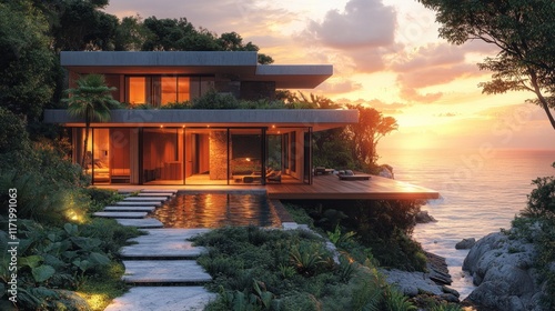 Coastal Home at Sunset Minimalist Architecture Wooden Beach House with Pathway and Lush Greenery photo