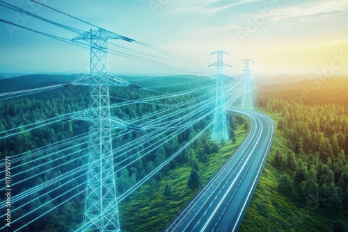 A glowing highvoltage power grid winding through a sustainable forest, blending technology and nature