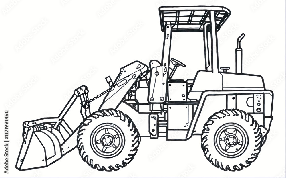 Fototapeta premium Coloring page with the image of a modern tractor with large wheels, designed for agricultural and construction work.