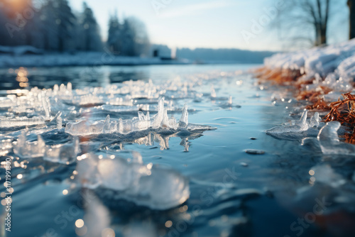 realistics scene is enhanced by tranquil and motionless effect created when coldness of winter turns bodies of water into fragile layers of ice photo